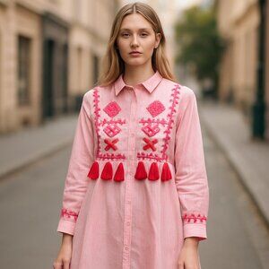 NWOT Embroidered Pom Pom Boho Cottage core Striped button Up Blouse